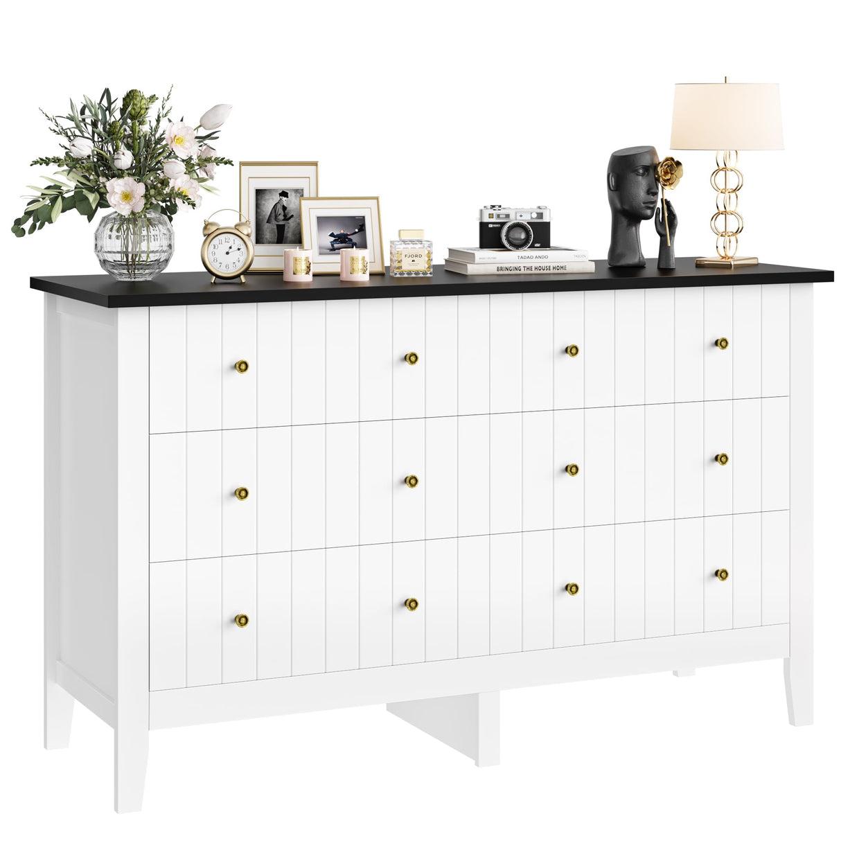 FOTOSOK White Dresser, Chest of Drawers, Modern 6 Drawer Double Dresser with Deep Drawers, Nursery Dresser for Baby, Wide Storage Organizer Cabinet for Living Room, Hallway,White&Black FOTOSOK