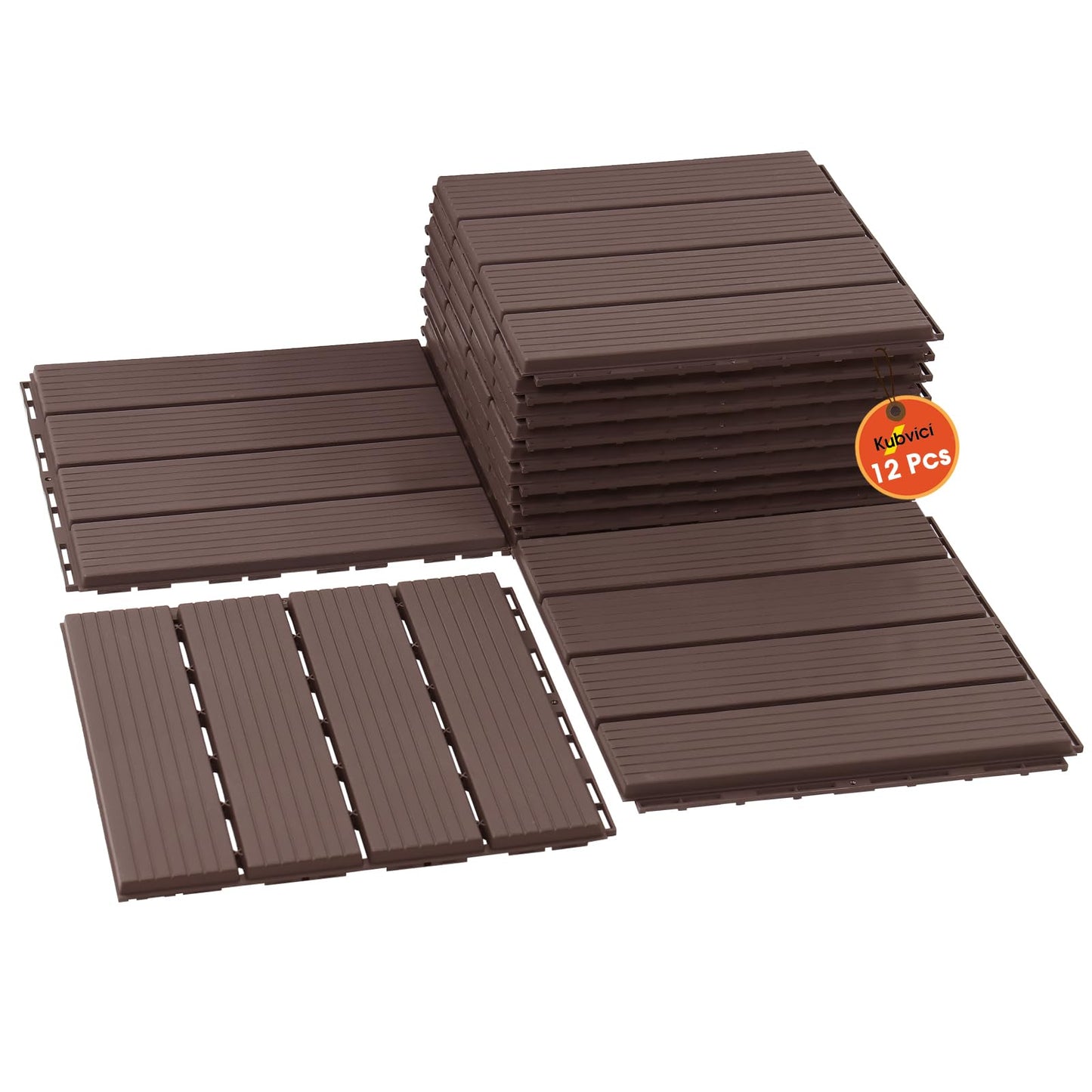 Interlocking Deck Tiles, 12 PCS 12” x 12” Patio Tiles Waterproof Plastic Outdoor Flooring Covering All Weather for Walkway Front Porch Poolside Balcony Backyard, Brown