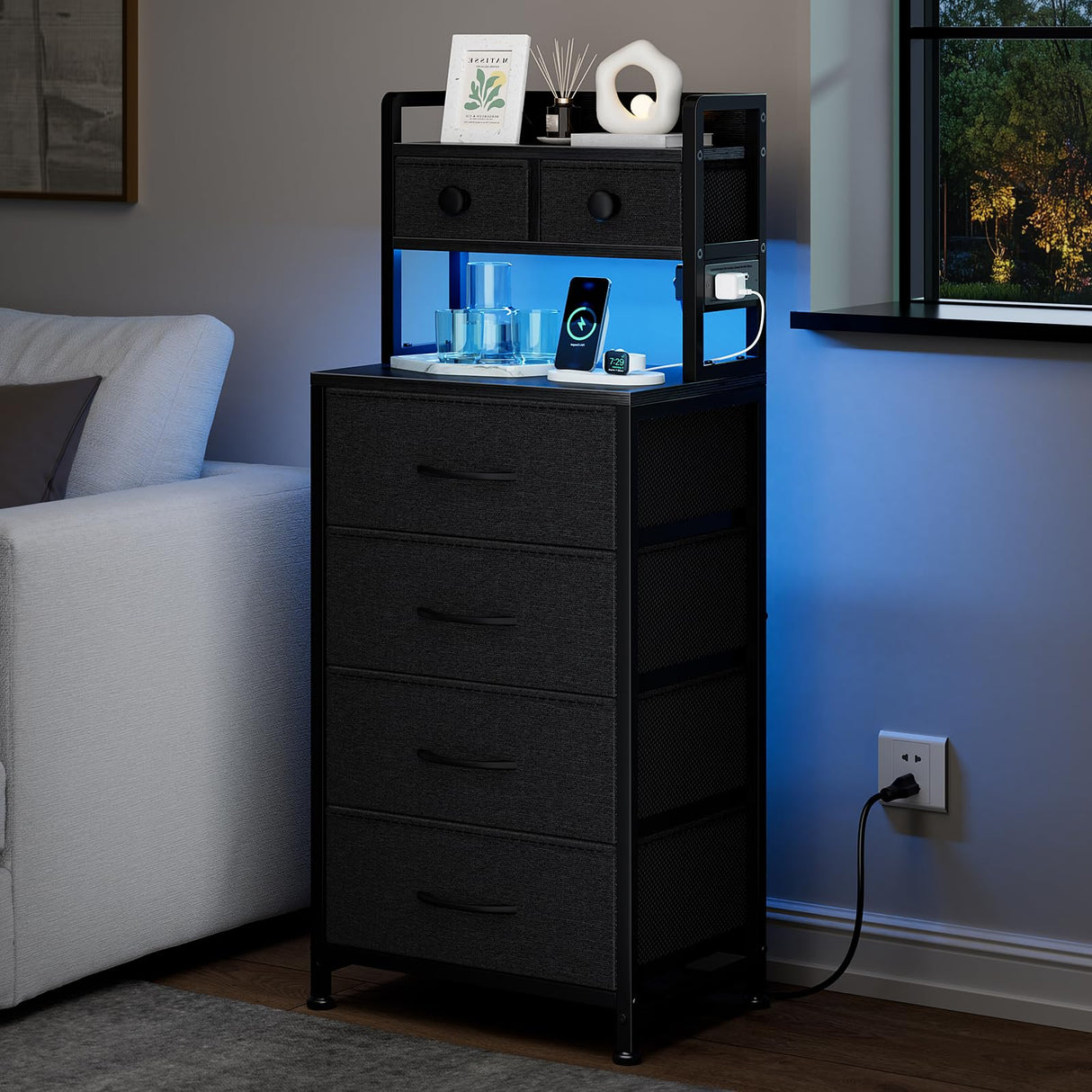 REAHOME 41 Inch Tall Nightstand with Charging Station, LED Night Stand with 6 Fabric Drawers, Bed Side Table with 3-Tier Wood Storage Shelves for Bedroom, Office, Small Spaces, Dark Gray REAHOME