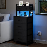 REAHOME 41 Inch Tall Nightstand with Charging Station, LED Night Stand with 6 Fabric Drawers, Bed Side Table with 3-Tier Wood Storage Shelves for Bedroom, Office, Small Spaces, Dark Gray REAHOME