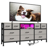 DrawXynth White Dresser for Bedroom with LED Lights and Power Outlets, 55" TV Stand with 10 Drawers & Open Shelves, Fabric Chest of Drawers with PU Finish, Metal Frame, Wood Top (Greige) DrawXynth