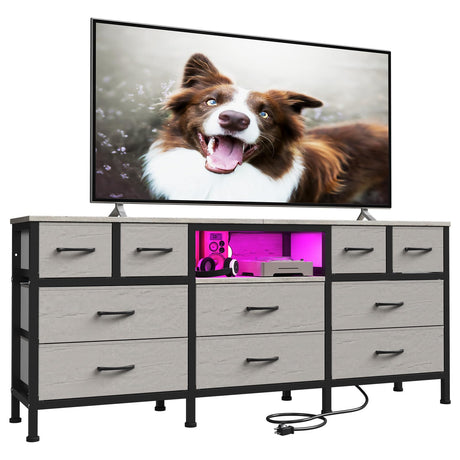 DrawXynth White Dresser for Bedroom with LED Lights and Power Outlets, 55" TV Stand with 10 Drawers & Open Shelves, Fabric Chest of Drawers with PU Finish, Metal Frame, Wood Top (Greige) DrawXynth