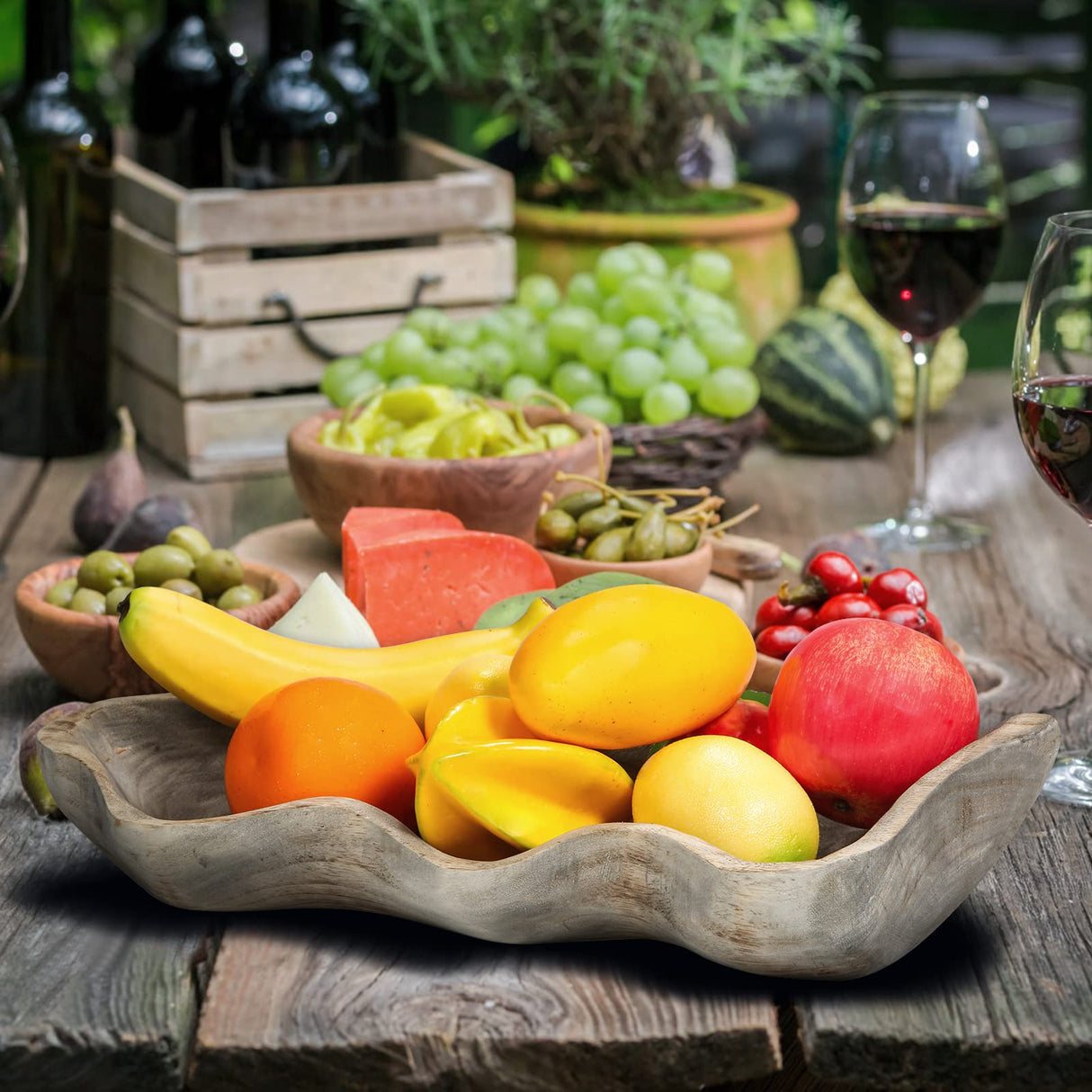 Wavy Live Edge Wooden Dough Bowl for Decor 16"L Medium Natural Root Wood Hand Carved Decorative Wooden Farmhouse Fruit Bowl Handmade, Home Decoration Centerpiece, Dining Room Table Display Bowl QIELSER