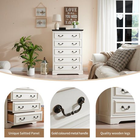 systemktesm Farmhouse 5 Drawers Dresser for Bedroom, 46" Tall Modern Chest of Drawers with Metal Handle, Rustic Dresser TV Stand, Wood Drawer Organizer for Bedroom, Living Room, Hallway (White) systemktesm