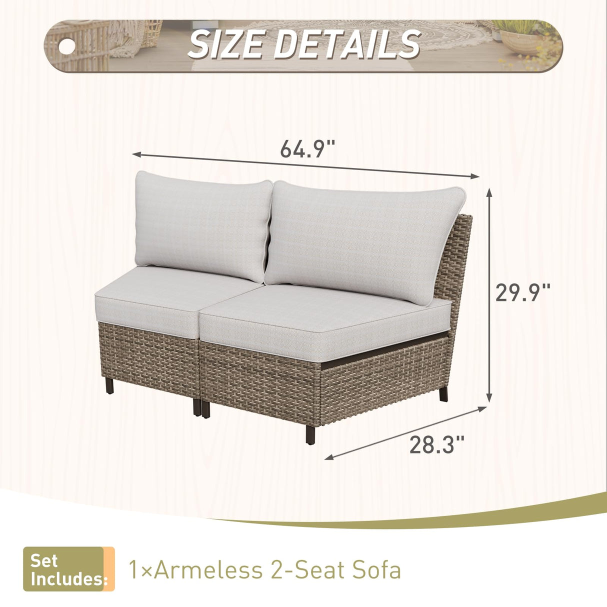 INTER HUT Vista Oasis Outdoor Sectional Sofa Set, 2 Seat Armless Sofa, Wicker Outdoor Furniture with Deep Seating Cushion, Beige/Beige INTER HUT