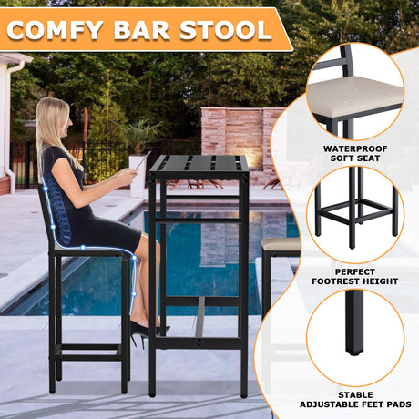 Jinrrenyi Outdoor Patio Bar Set 3 Piece,50" Rectangular Counter Height High Top Bar Tables, 2 Cushioned 41" Bar Stools, Metal Bar Table and Chairs Set for Poolside, Balcony, Backyard, Porch Jinrrenyi