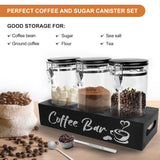 MACIFECI Glass Coffee Containers with Shelf Coffee Station Organizer 54oz Black Glass Coffee Bean Storage Canister with Spoon Coffee Canister Set Kitchen Food Storage Jars for Coffee, Sugar, Candy MACIFECI