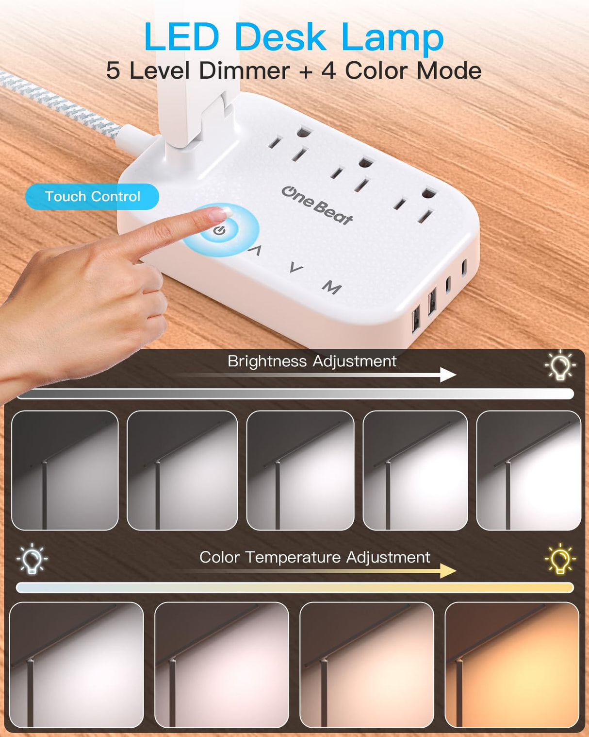 Power Strip with LED Desk Lamp, 3 Outlets 4 USB Ports(2 USBC) 4 Modes 5 Level Touch Lamp Small Desk Lamp for Home Office Bedroom Bedside, Study Reading Light, 5ft Extension Cord, Dorm Room Essentials One Beat
