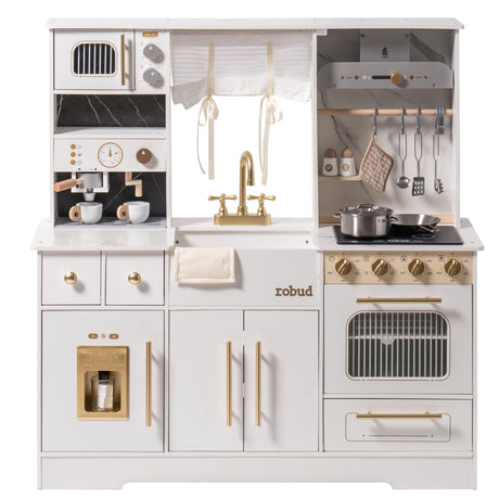 ROBUD Play Kitchen for Kids, Wooden Play Kitchen Set with Plenty of Realistic Play Features, Toy Kitchen with Ice Maker, Coffee Machine, Oven, Cabinet, Microwave, Utensils, Gift for Ages 3+, White ROBUD