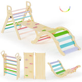 BlueWood Pikler Triangle Set, Toddler Wooden Climbing Toys Indoor 7in1 Foldable Climber for Kids, Montessori Philosophy Play Jungle Gym with Arch, Ramp, Ladder (Colorful Spring) BlueWood