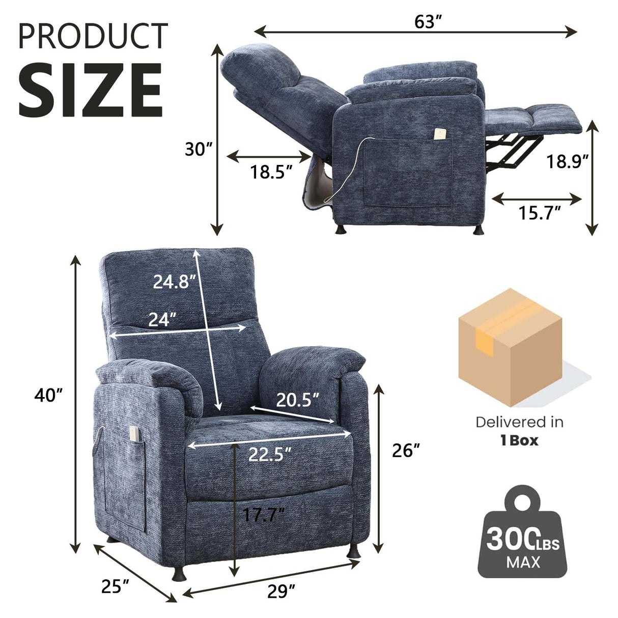 Blue Power Recliner Chairs for Adults, Ultra-Comfy Small Recliners for Small Spaces, Adjustable Electric Recliner Chairs with Remote & 2 Side Pockets - Padded Seat Backrest & Footrest anwickjeff
