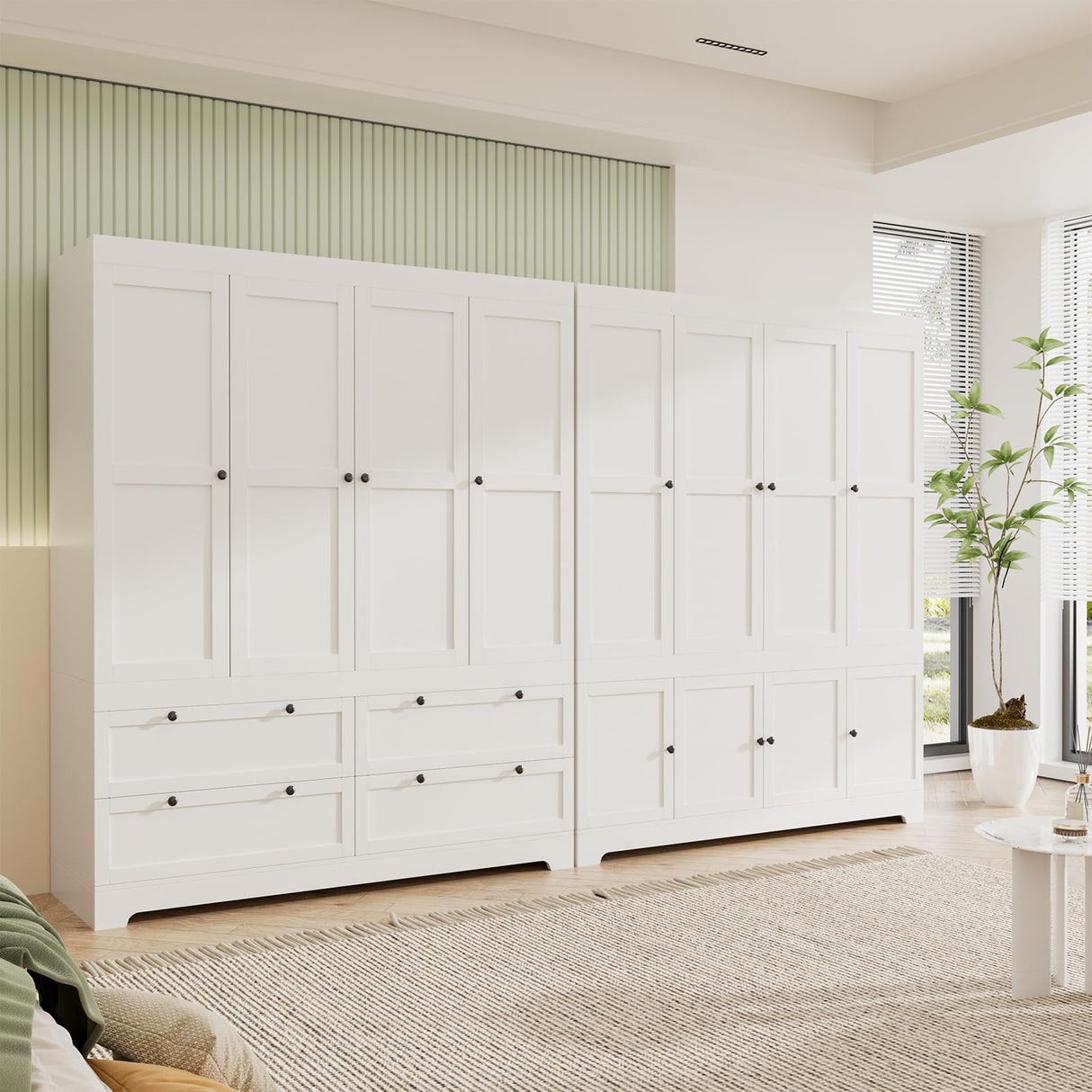 PLANNTONNEO Large White Wardrobe Closet with Drawers, Modular Closet System with Doors and Hanging Rods, Tall Large Armoire Ample Storage, Big Bedroom Armoires (8 Doors/White) PLANNTONNEO