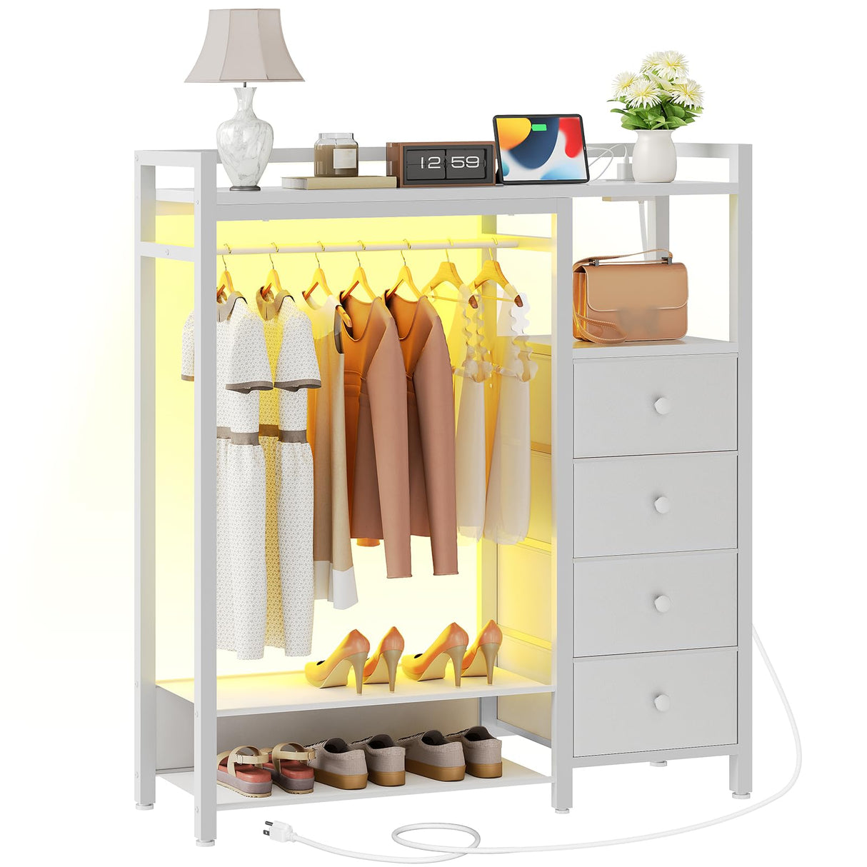 YATINEY Bedroom Dresser with Clothes Rack, 4 Drawer Dresser with Charging Station and LED Light, Chest of Drawers for Bedroom, Closet Organizer with Hanging Rack and 2-Tier Shoe Rack, White YATINEY