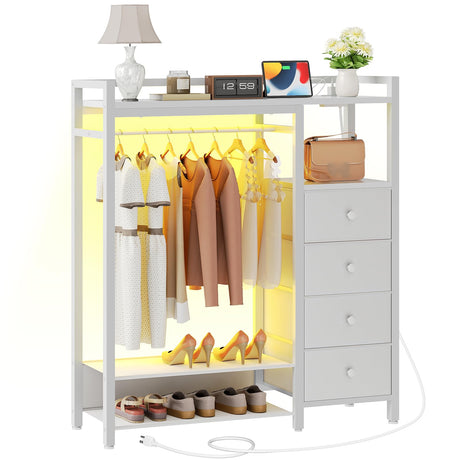 YATINEY Bedroom Dresser with Clothes Rack, 4 Drawer Dresser with Charging Station and LED Light, Chest of Drawers for Bedroom, Closet Organizer with Hanging Rack and 2-Tier Shoe Rack, White YATINEY
