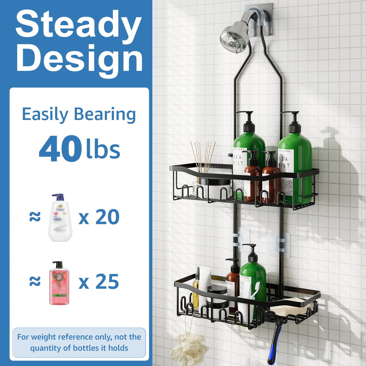 Joqixon Shower Caddy, Upgraded Extended Length Shower Caddy Over Showerhead No Blocking to Shower Head, Rustproof Shower Organizer with Hooks Shampoo Soap Holder, Bathroom Large Hanging Shower Caddy Joqixon