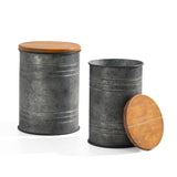 Glitzhome Rustic End Table Set of 2, Farmhouse Galvanized Metal Barrel Ottoman Storage Stool with Round Wood Lid for Living Room Furniture, Grey Glitzhome
