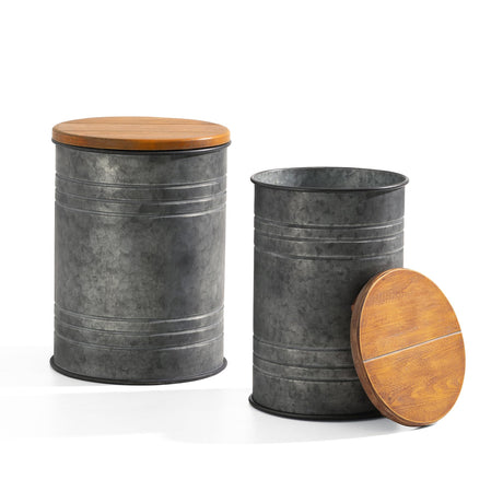 Glitzhome Rustic End Table Set of 2, Farmhouse Galvanized Metal Barrel Ottoman Storage Stool with Round Wood Lid for Living Room Furniture, Grey Glitzhome