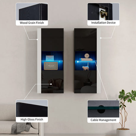 AMERLIFE Wall Unit Entertainment Center with 36" Electric Fireplace, Includes 68" Floating Fireplace TV Stand, 2 x Wall Cabinets, Modern LED Light Media Console Table for Living Room, Black/White AMERLIFE