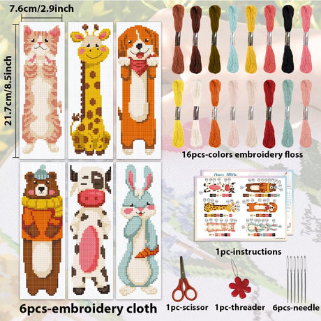 ACRNIGHEET 6PCS Cross Stitch Bookmark Kit for Beginner Cartoon Animals Stamped Cross Stitch Kits for Adults DIY Embroidery Bookmark Kits Crossstitch Kits Adult with Instructions Hand Craft Gift 11CT ACRNIGHEET