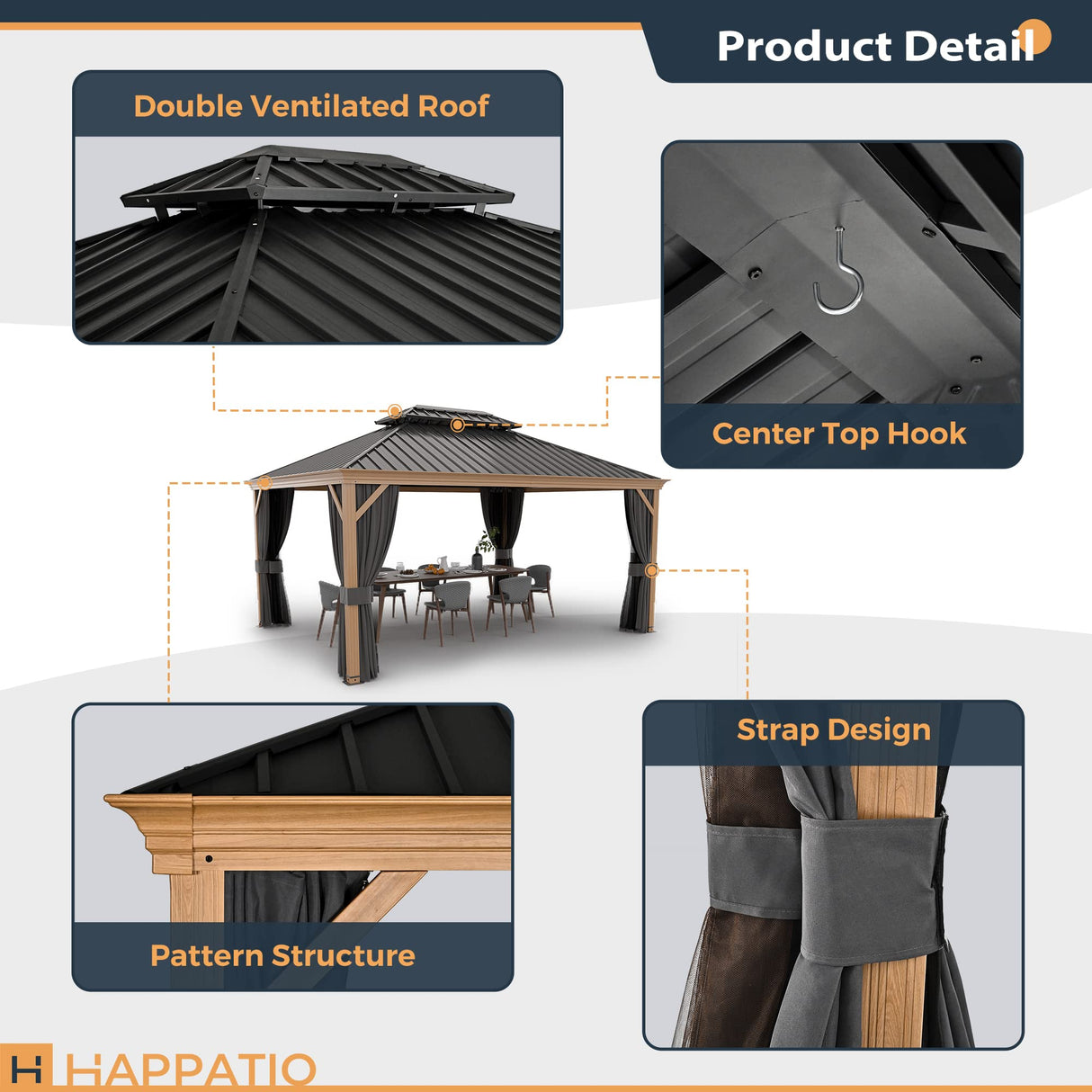 HAPPATIO 12' x 16' Hardtop Gazebo, Outdoor Wood-Grain Frame Aluminum Gazebo with Galvanized Steel Double Roof，Patio Gazebo Canopy with Netting and Curtains for Patio, Deck，Backyard (Gray) HAPPATIO