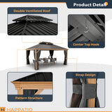 HAPPATIO 12' x 16' Hardtop Gazebo, Outdoor Wood-Grain Frame Aluminum Gazebo with Galvanized Steel Double Roof，Patio Gazebo Canopy with Netting and Curtains for Patio, Deck，Backyard (Gray) HAPPATIO