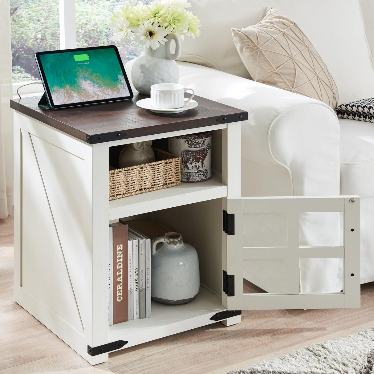 Barnyatoh Farmhouse Nightstand with Charging Station, Rustic End Table with Tempered Glass Barn Door, Wood Sofa Side Bedside Table with Open Storage Shelf for Living Room, Bedroom, White Barnyatoh