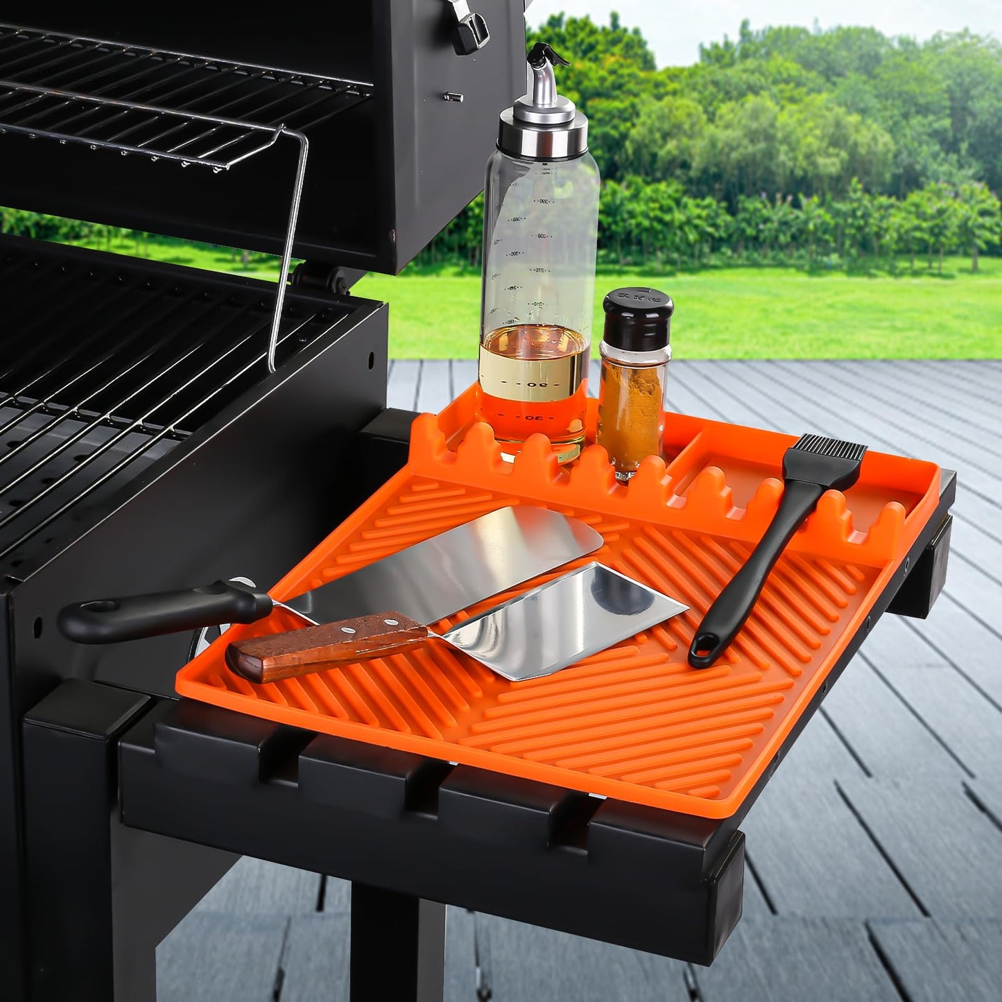 Griddle Mat Barbeque Grill Accessories Tools for Blackstone, Side Shelf Mat Grill Pad for Outdoor Grill Kitchen Counter Spatula Silicone Mat with Drip Pad for Kitchen, Cooking, Countertop (Orange)