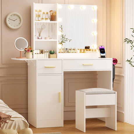 ERLEJIA Vanity Desk with Mirror and Lights & Extral Foldable Desk, 35.43"-43.3" Makeup Vanity Table with Stool and Plug Strip, 5 Drawers and and Open Shelves Dressing Table for Bedroom, White ERLEJIA