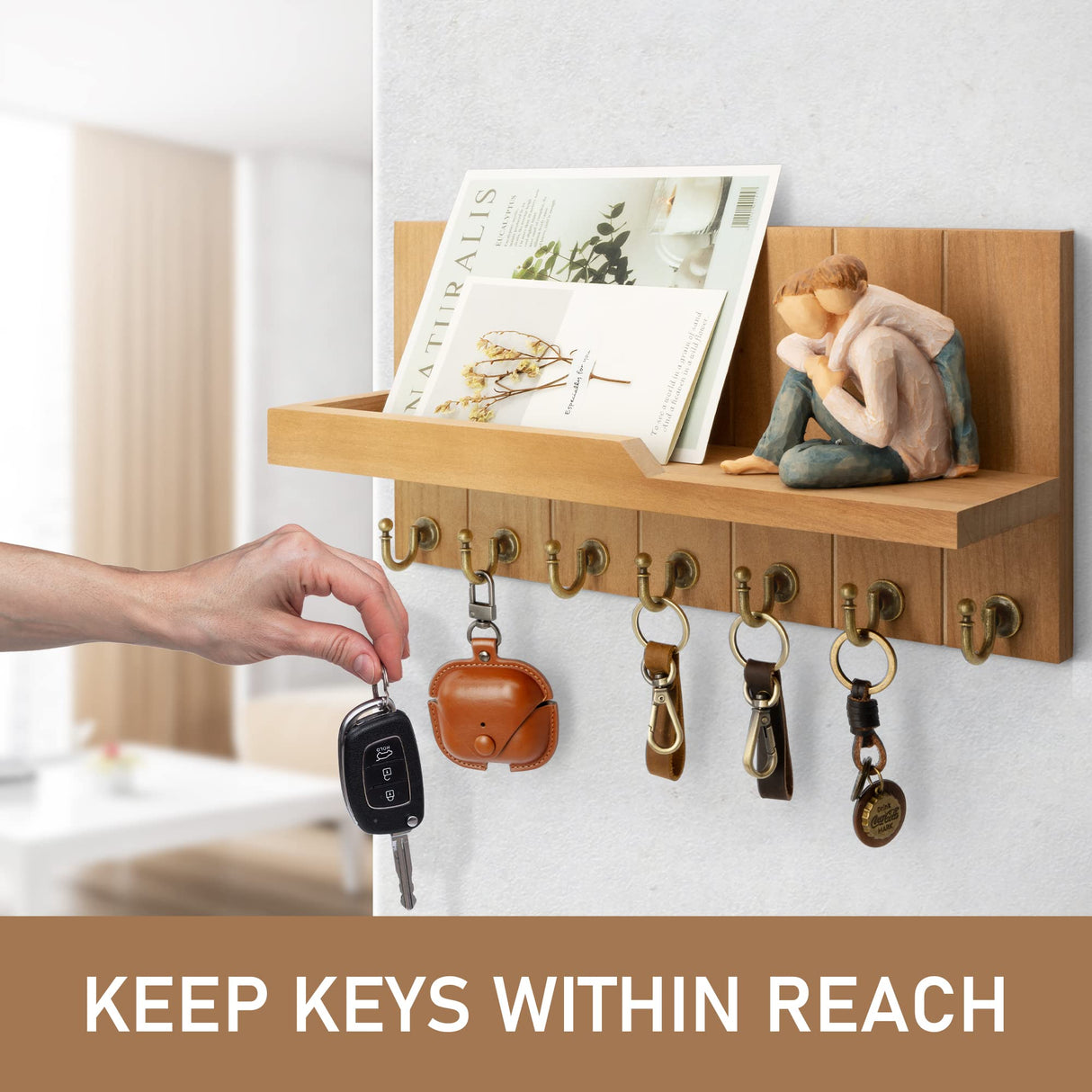 Rebee Vision Decorative Key Holder for Wall Shelf - Farmhouse Wood Wall Hanging Mail Organizer with 7 Sturdy Key Hooks for Home Entryway Decor - Stylish Key racks (Light Brown) Rebee Vision