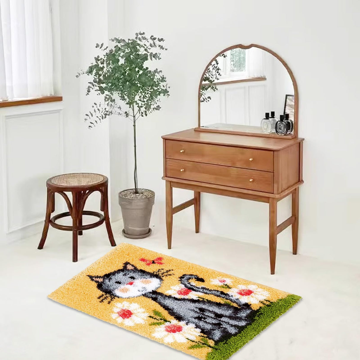 kingsea Latch Hook Kit for Adults, DIY Crochet Yarn Rug with Pattern Printed Latch Hook Rug Kit for Teen, Latch Hook Kit for Beginners - Cat and Flower, 20in x 15in kingsea