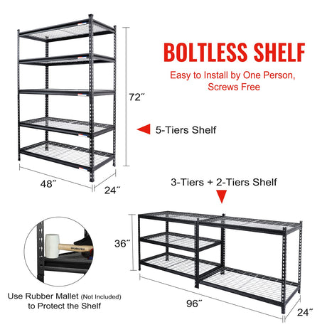 WORKPRO 5-Tier Metal Storage Shelving Unit, 48”W x 24”D x 72”H, Adjustable Storage Rack Heavy Duty Shelf, 4000 lbs Load Capacity (Total), for Garage, Kitchen, Bathroom, Warehouse, Black/Sliver, 2 Pack WORKPRO