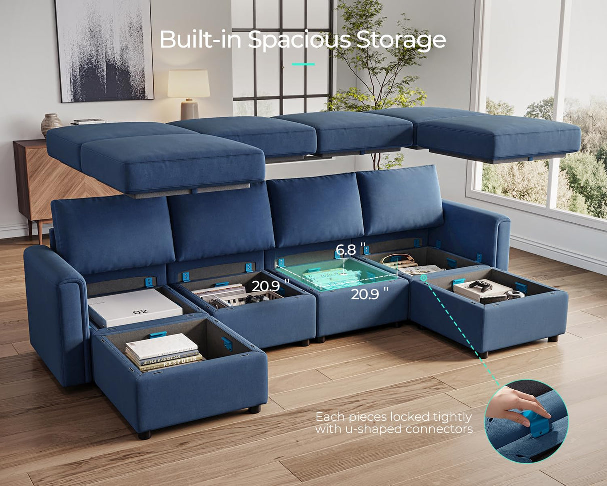 LINSY HOME Modular Sectional Sofa, Convertible U Shaped Sofa Couch with Storage, Memory Foam, Modular Sectionals with Ottomans, 6 Seat Sofa Couch with Chaise for Living Room, Blue LINSY HOME