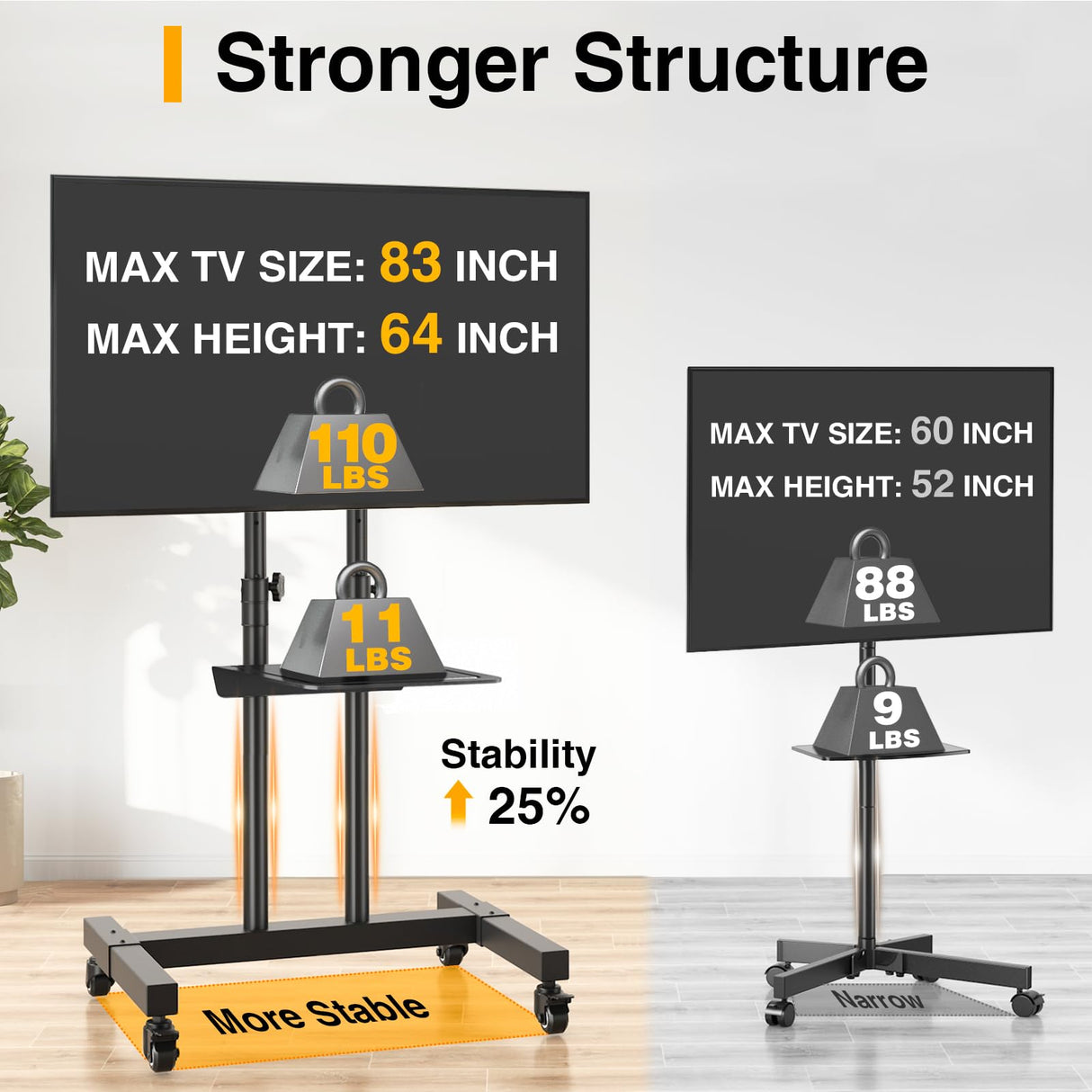 TVON Rolling TV Stand for 32-83 inch Flat Screen/Curved TVs up to 110 lbs, Height Adjustable Portable TV Stand on Wheels with Metal Laptop Shelf, TV Stands for Living Room, Home and Office Use TVON