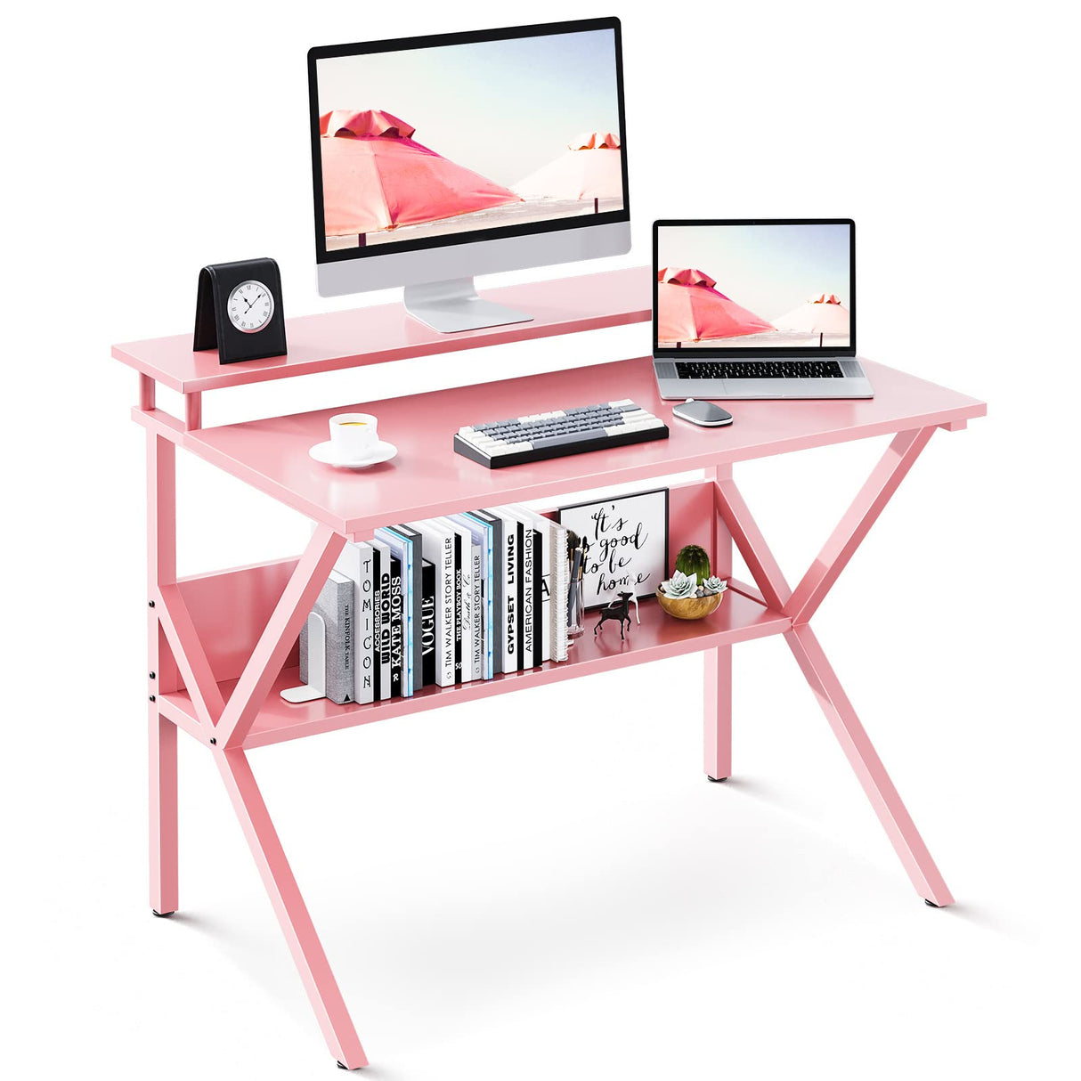 ODK Small Desk, 27.5 Inch Small Computer Desk for Small Spaces, Compact Desk with Storage, Tiny Desk Study Desk with Monitor Stand for Home Office, Pink ODK
