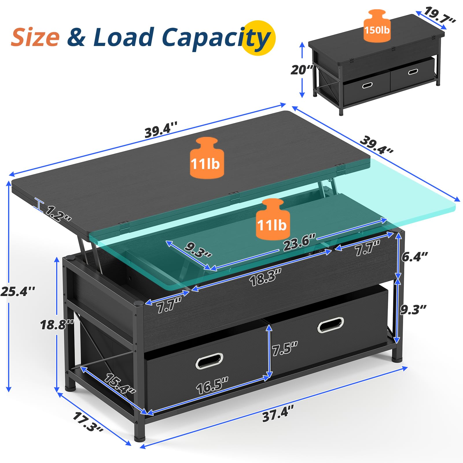 VIGKOOK Lift Top Coffee Table, 4 in 1 Multi-Function Dining Table with Hidden Compartment and 2 Drawers, Convertible Square Center Table for Living Room Reception Home Office (Black) - WoodArtSupply