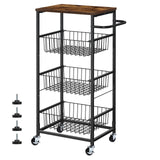 Kitchen Storage Cart on Wheels 4 Tier Utility Rolling Cart with Baskets Farmhouse Serving Cart with Handle Mesh Basket Pantry Cart Rack with Wooden Tabletop for Pantry Bathroom Office, Brown CADUKE