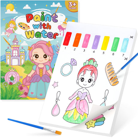 Paint with Water Coloring Books for Kids,Princess Art Craft Kit No Mess Water Color Painting Sets for Kids Ages 4-8,Birthday Gifts Travel Toy Crafts Supplies Kits for Girls Boys Drawing with 2 Brushes KEASKELL