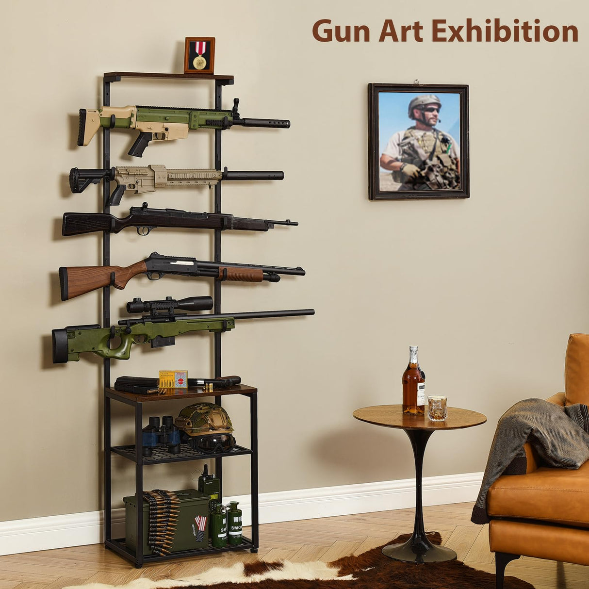 Poyilooo Gun Rack, Floor Rifle Rack Holds up 5 Guns, Indoor Gun Rack for Wall Gun Display Stand Gun Gun Storage Organizer Rifle Holder Hunting Gun Shelf (Large-19.7 L*12.6 W*71 H in) Poyilooo
