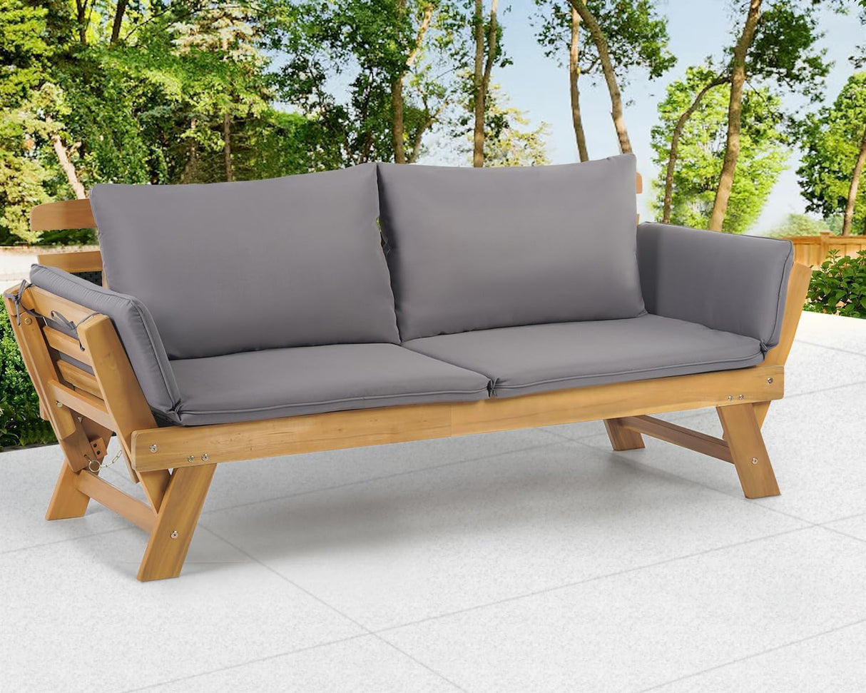 PayLessHere Outdoor Couch Patio Couch Daybed with Adjustable Armrest, Wooden Loveseat with Cushion and Pillow, and Expandable Plate PayLessHere