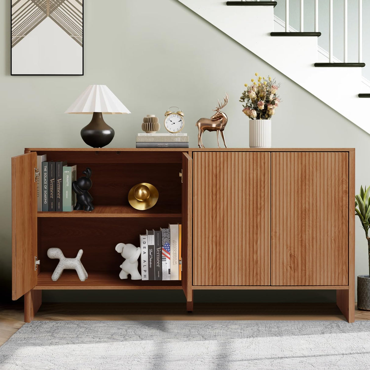 Sideboard Storage Cabinet with Doors and Shelves, Buffet Cabinet with Storage, Credenza Storage Cabinet for Kitchen, Wooden Fluted Cabinet for Bedroom/Entryway, under TV Cabinet with Storage - Walnut affeivul