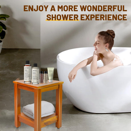 16.5" Teak Corner Shower Bench with Storage Shelf for Shaving Legs, Teak Shower Stool for Inside Shower, Waterproof Shower Foot Rest, Shower Seat for Bathroom, Indoor & Outdoor Use GRBEEVIITEK