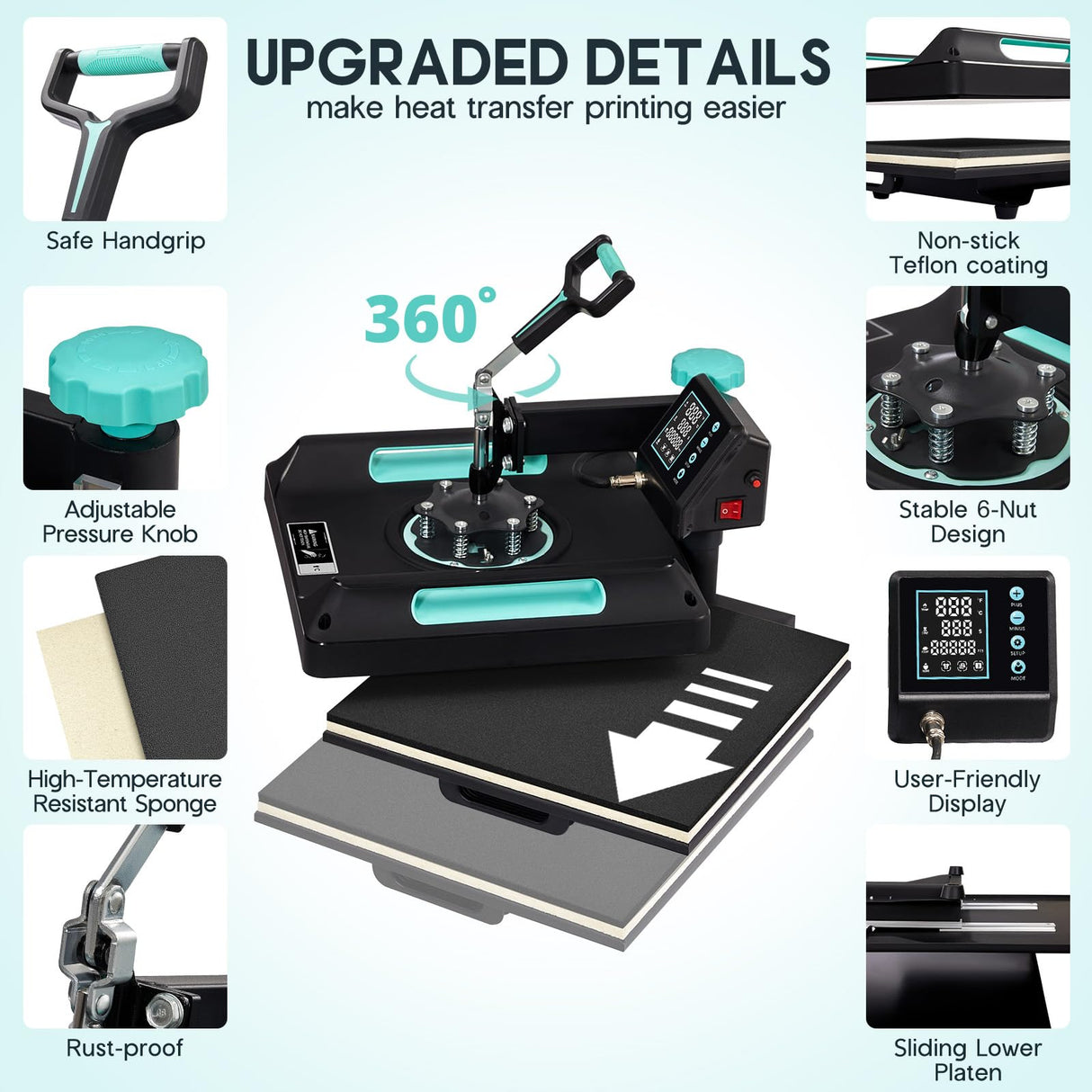 Specraft 11-in-1 Combo Heat Press, 15x15 360° Swing-Away Digital Sublimation Machine for T-Shirts Mugs Hats Plates Shoes, Green Black SPECRAFT