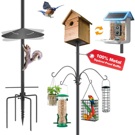 92 Inch Smart Bird Feeder Pole with Auger Anchor for Outdoor,Heavy Duty Adjustable Bird House Stand Pole,BirdHouse Post Mount Kit, Metal Squirrel Proof Baffle, 4 Shepherd Hooks (No Bird House/Feeders) SLIIMU