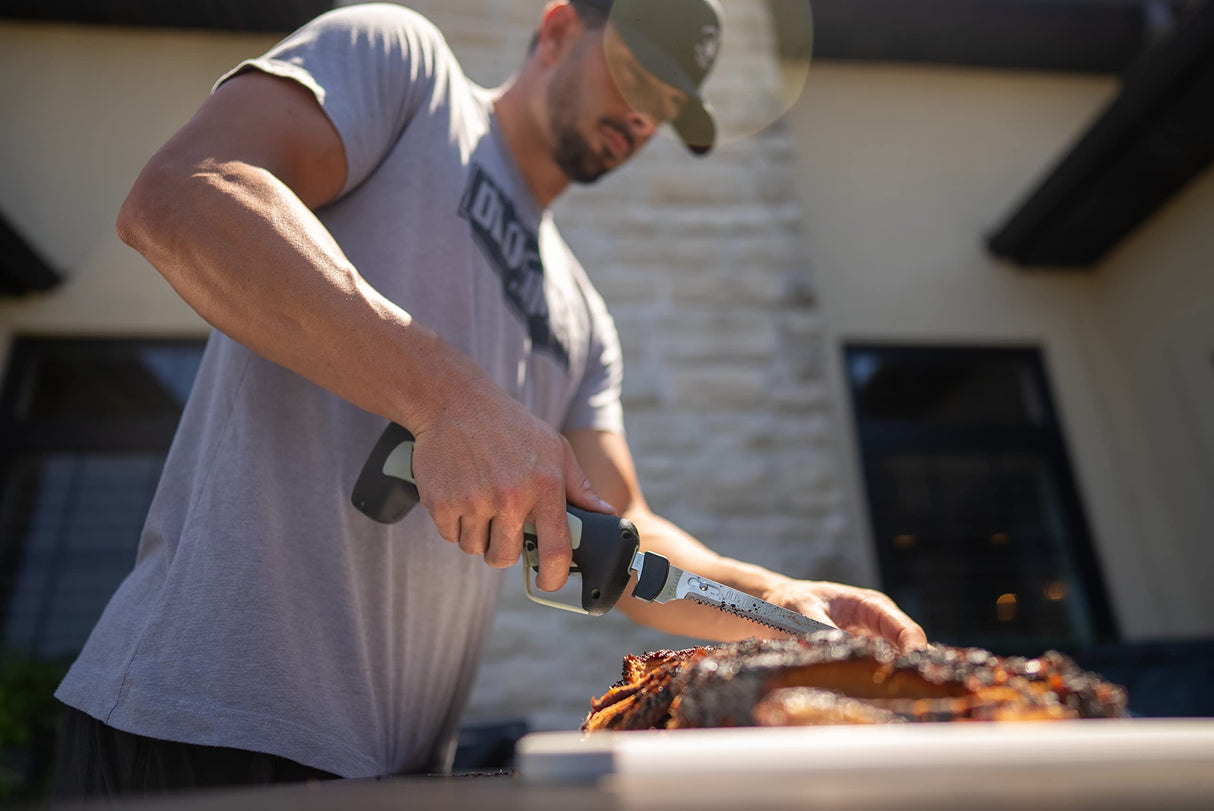 Old Timer Cordless Electric Fillet Knife with 8in Fully Serrated Stainless-Steel Blade, Trigger Lock, Rechargeable Battery, and Self Draining Case for Fishing, Meat Carving, Filleting, and Outdoors Old Timer