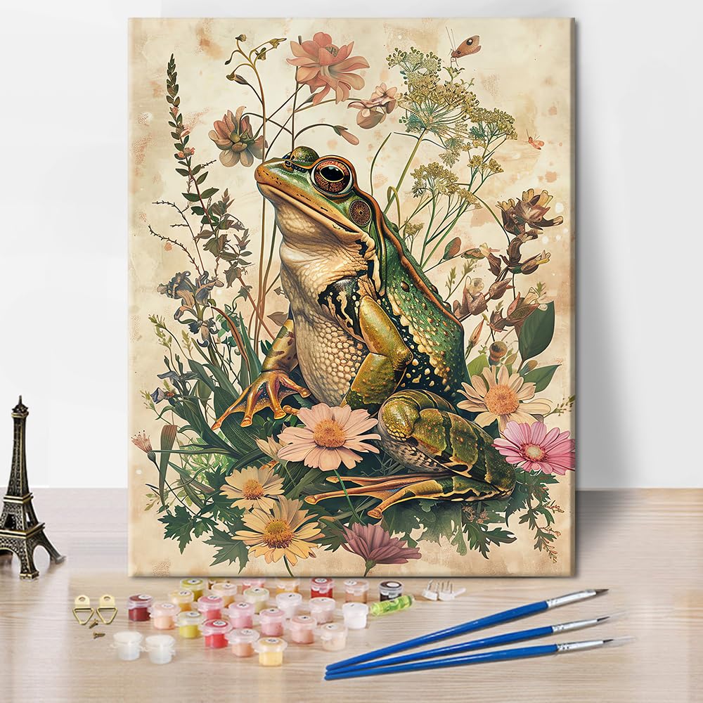 TUMOVO Adult Paint by Number Kits On Canvas, Frog Flower Painting by Numbers, DIY Painting Kit, 16 x20 Inch TUMOVO