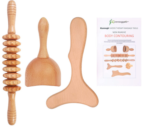 Komogir 3-in-1 Wood Therapy Massage Tools Lymphatic Drainage Massager Wooden Massager for Maderoterapia,Anti-Cellulite, Body Sculpting & Contouring Komogir