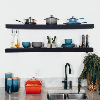 Fun Memories Floating Shelves 36 Inch Long, Rustic Black Wood Shelves 8 Inch Deep, Farmhouse Large Display Wall Shelves for Bedroom, Living Room, Kitchen, Set of 2, 36" W x 8" D x 1.6" H - WoodArtSupply