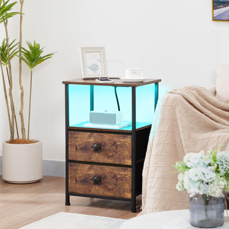 LOAKEKEL Night Stand Set 2, LED Nightstand with Charging Station, End Tables with Storage Shelf, Bedside Table with 2 Fabric Drawers for Bedroom, Small Spaces, Rustic Brown HETS02PBR LOAKEKEL