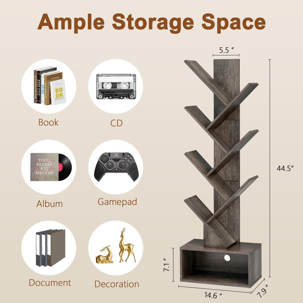 Hoctieon 6 Tier Tree Bookshelf, Tall Bookcase with Drawer, Freestanding Book Shelf, Display Floor Standing Storage Shelf, Book Organizer Shelves for Home Office, Living Room, Bedroom, Grey Hoctieon