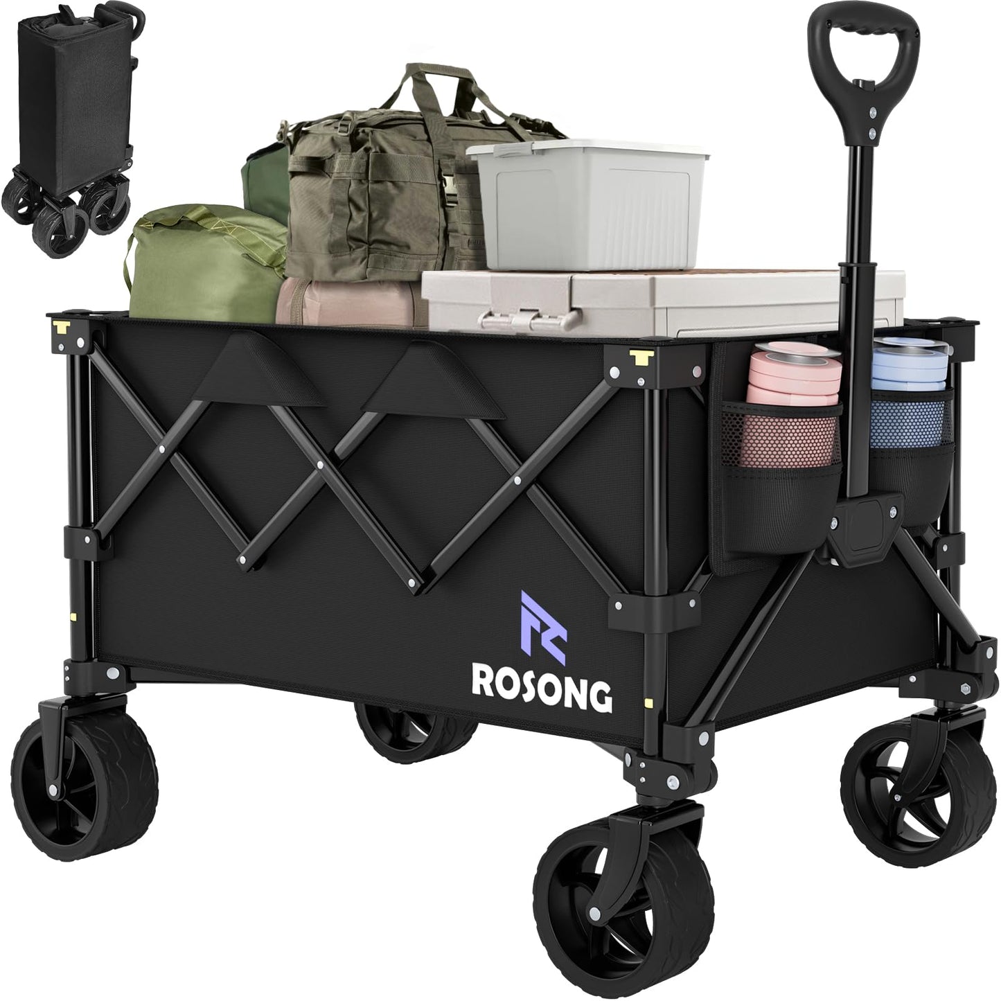 Folding Wagon Cart with Wheels Foldable - Collapsible Wagons Carts Heavy Duty, Fold Up Portable Utility Wagon for Grocery Beach Sports Fishing Camping Shopping ROSONG